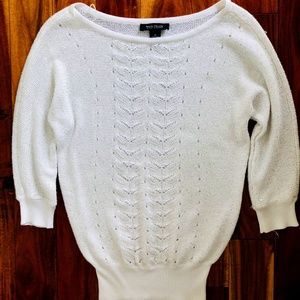 White sparkly scoop neck sweater with 3/4 sleeves